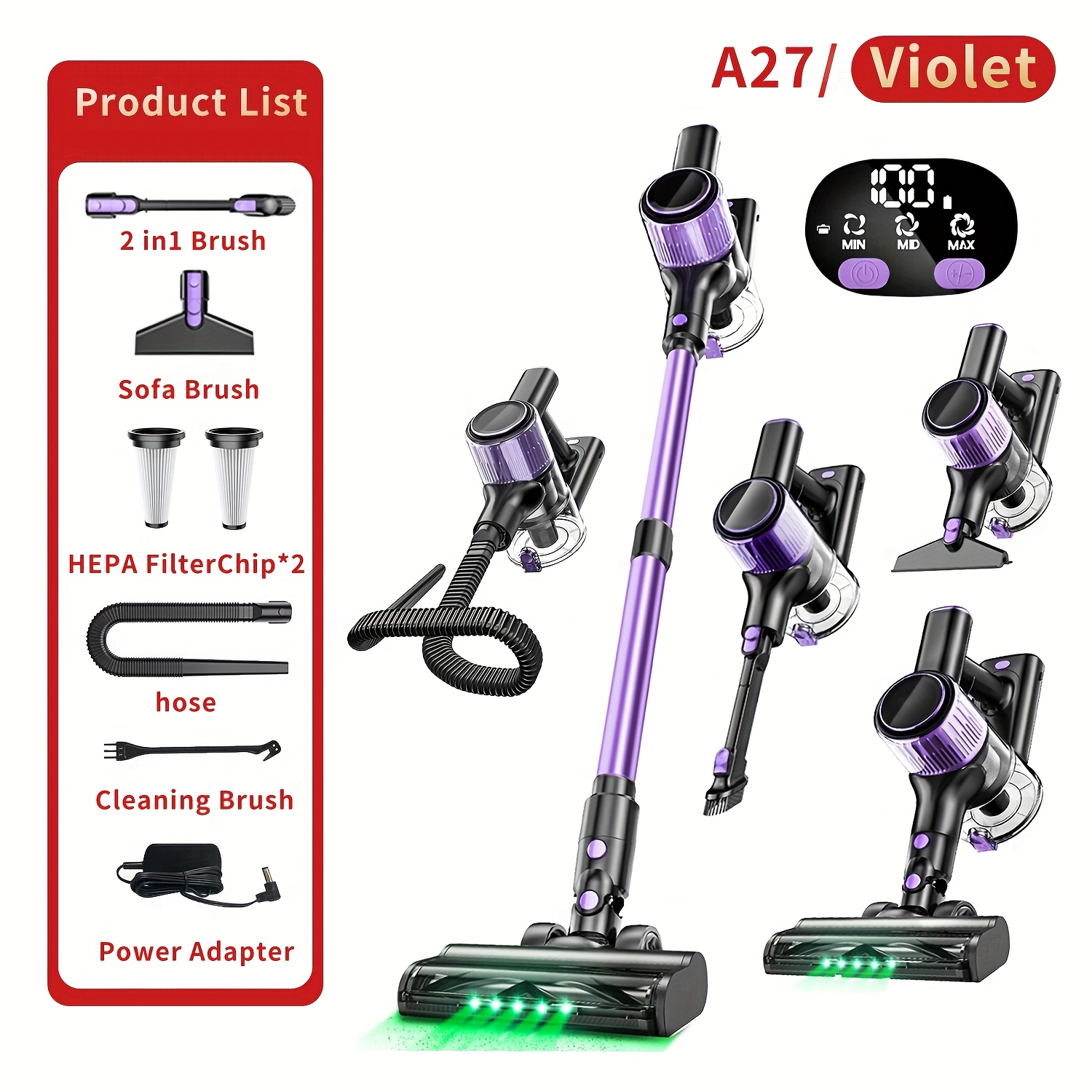 TEMU 40000pa Cordless Vacuum Cleaner, 8 In 1 Stick Vacuum With Powerful Suction, Led Display, 3 Suction Modes, Anti- 5l Dust Cup, Lightweight Vacuum