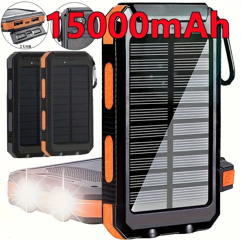 solar powered portable power bank with dual 5v usb ports 2 led flashlights high quality external backup battery pack for cell phones camping hiking emergency power durable construction Product details 1