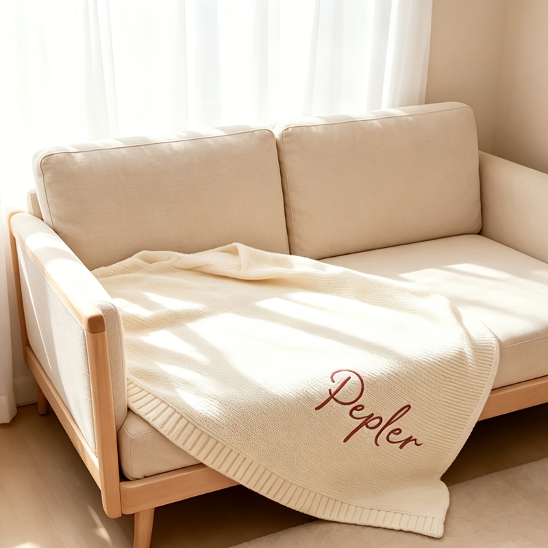 TEMU Name Embroidery Personalized Custom Nap Blanket, Blanket, Summer Air Conditioning Blanket, Sky Blue White Pink Blanket, Thickened Enlarged Sofa