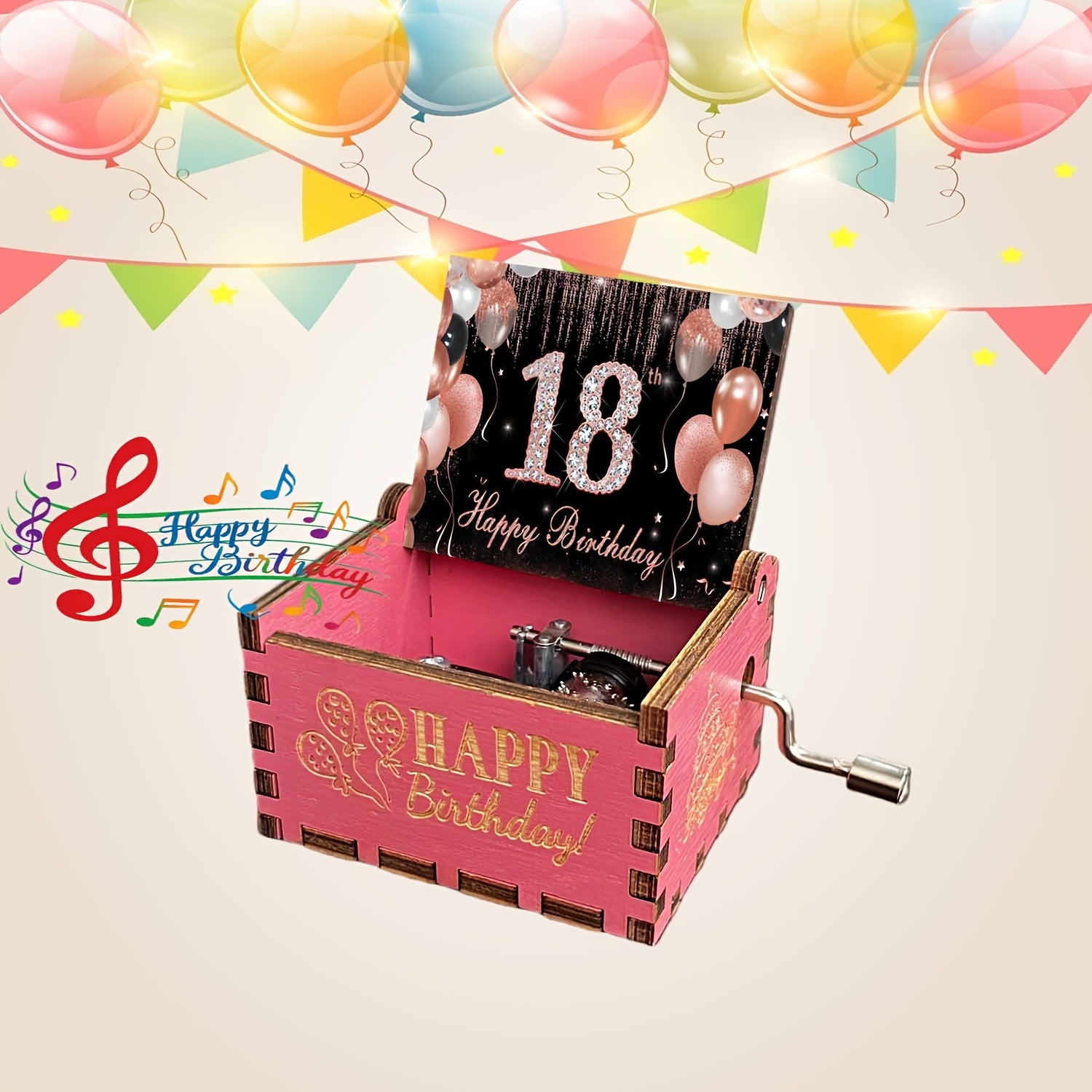 TEMU Boîte à musique vintage en bois à , 1 pièce, avec la chanson " Anniversaire" - Thème et 18e anniversaire, convient pour les fêtes, bois adapté à