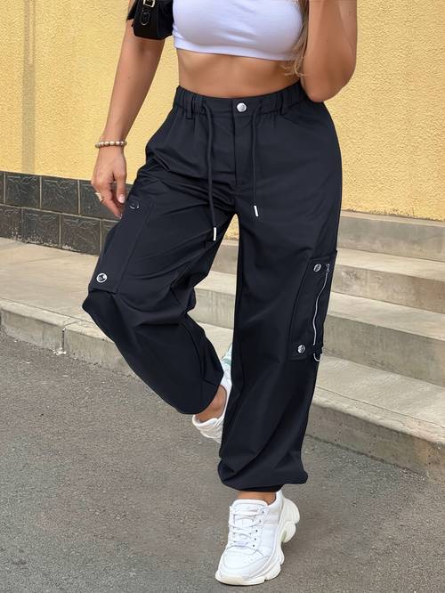 womens plus size casual polyester joggers with multiple pockets solid color sports pants for casual attire comfortable jogging pants street style pants durable fabric