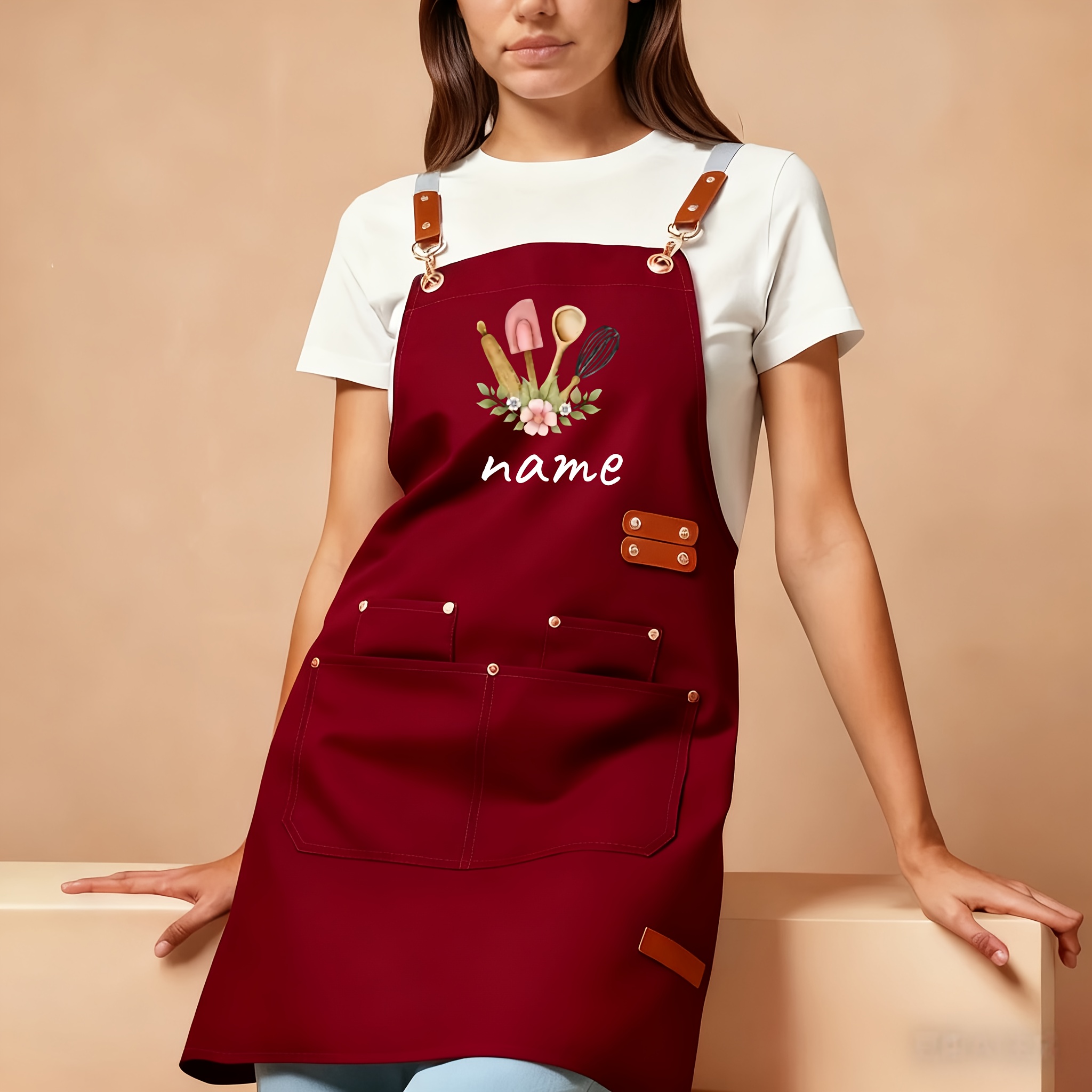 TEMU Custom Logo/name Apron With Personalized - Adjustable Neck & Waist/ Belt, Durable Polyester With Pockets - Custom Kitchens Apparel For Home