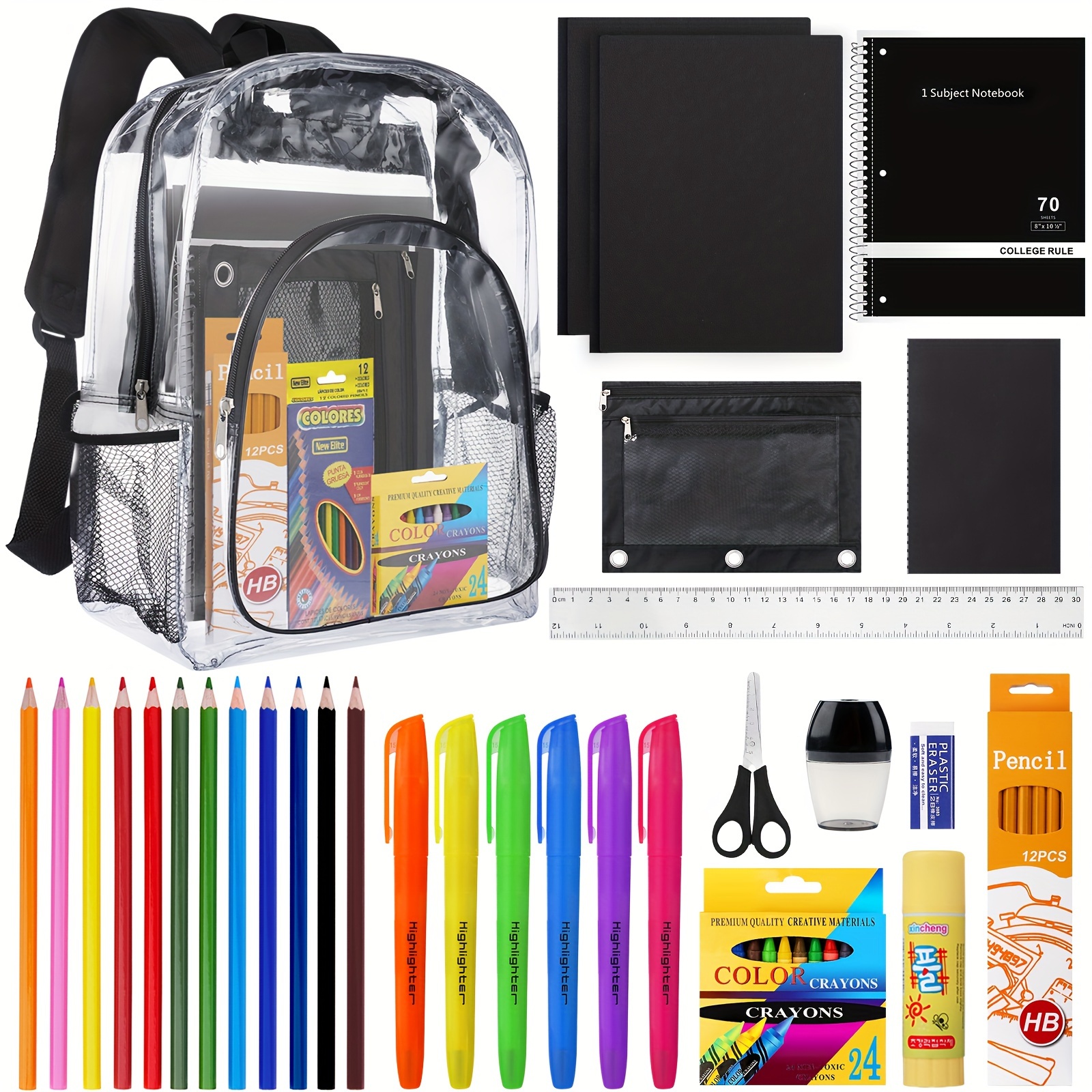 

Back To School Supplies For Kids, Clear Backpack With 65 Piece School Supply Kit For Grades K-5 Boys And Girls, Bulk School Stationery Set For Classroom Elementary, Middle School Students (black)