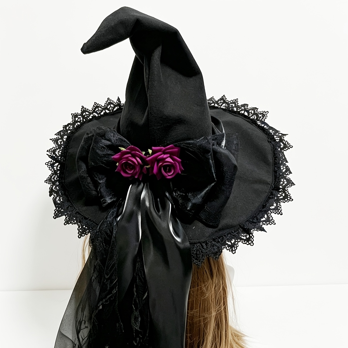 TEMU Chapeau de /sorcière gothique en dentelle pour adulte avec nœud en bandage et pointe - Rétro, convient pour Halloween, accessoires de costume de