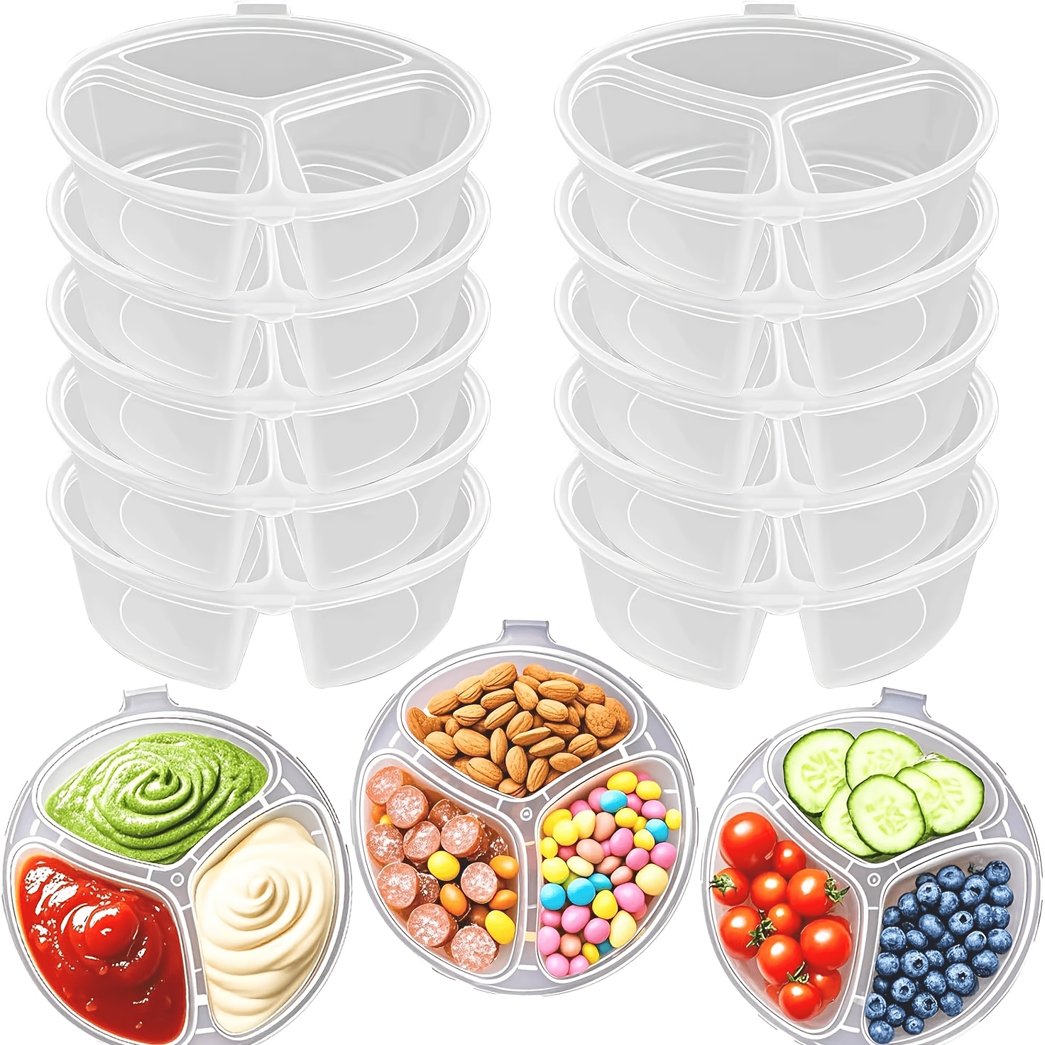 6 count reusable 3 compartment snack and seasoning containers with leak proof lids food storage containers stackable   design for lunch picnics office hand wash   picnic essentials modern kitchenware durable plastic