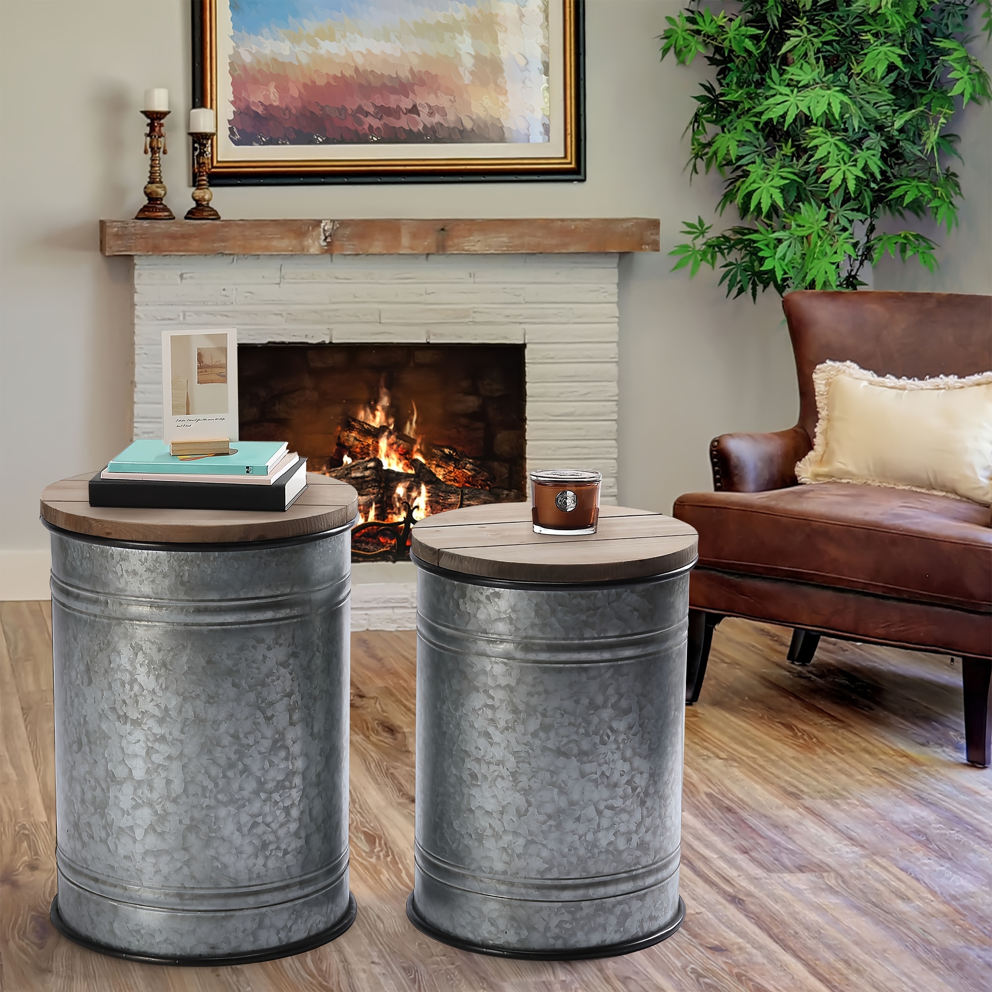 Set of 2 Rustic Farmhouse Storage Ottomans - Galvanized Metal End Tables with Round Wooden Lids, Ample Storage Space, Durable Construction, and Versatile Design for Living Room, Bedroom, or Office