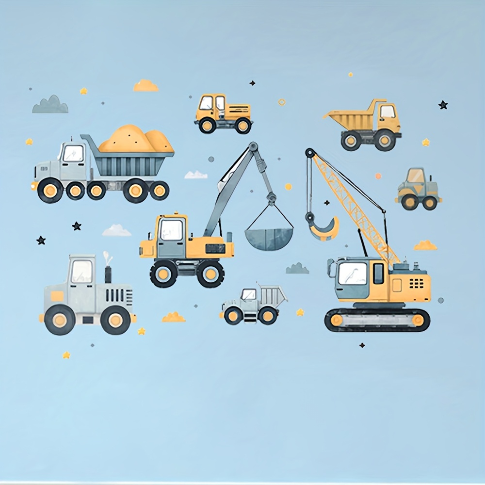 Image of 1 Set Of Excavator Car Wall Stickers, Construction Crane Truck Wall Stickers Suitable For Bedroom Living Room Home Decorations