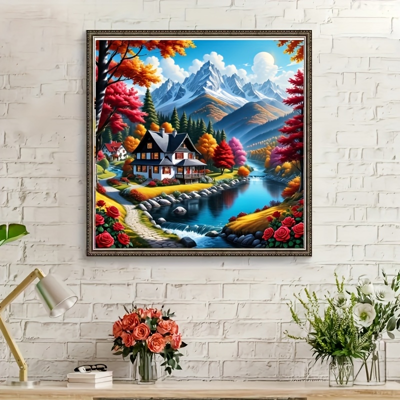 TEMU 1 Set Montagne de Neige Feuilles Rouges Villa Thème Vacances Kit de Broderie, Art de Fil de , Peinture sur Toile de Broderie 11CT, d'Artisanat ,