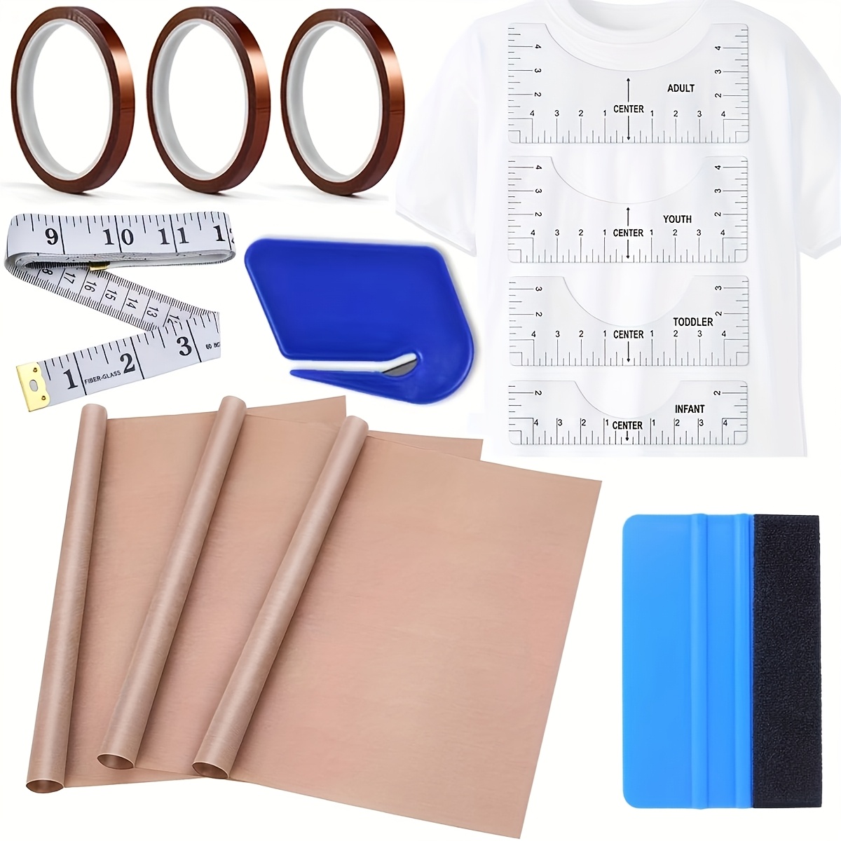 TEMU 13pcs Of Sublimation T-shirt Tool Kit, 4 T-shirt Rulers, 3 Packs Of 12x16 Inch Heat Press Teflon Sheets, 3 Rolls Of Heat-resistant Tape, 1 Tape,