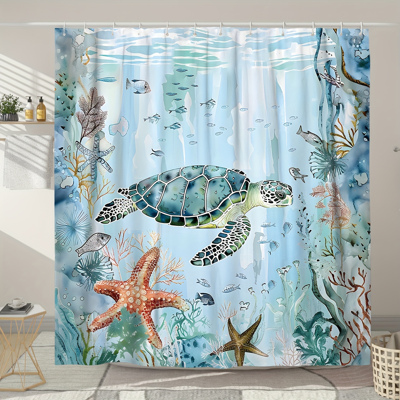 

1pc Ocean Turtle & Starfish Pattern, Waterproof Bathroom Partition Curtain With Hooks, Decorative Bathroom, Bathroom Accessories, Home Decor