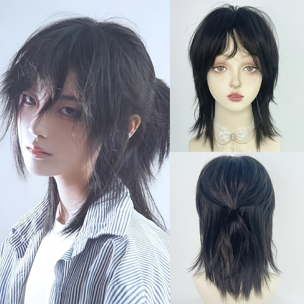 

Stylish Men's Mullet Wig With Bangs - Heat Resistant Synthetic Hair In Black, Gray, Green For & Cosplay