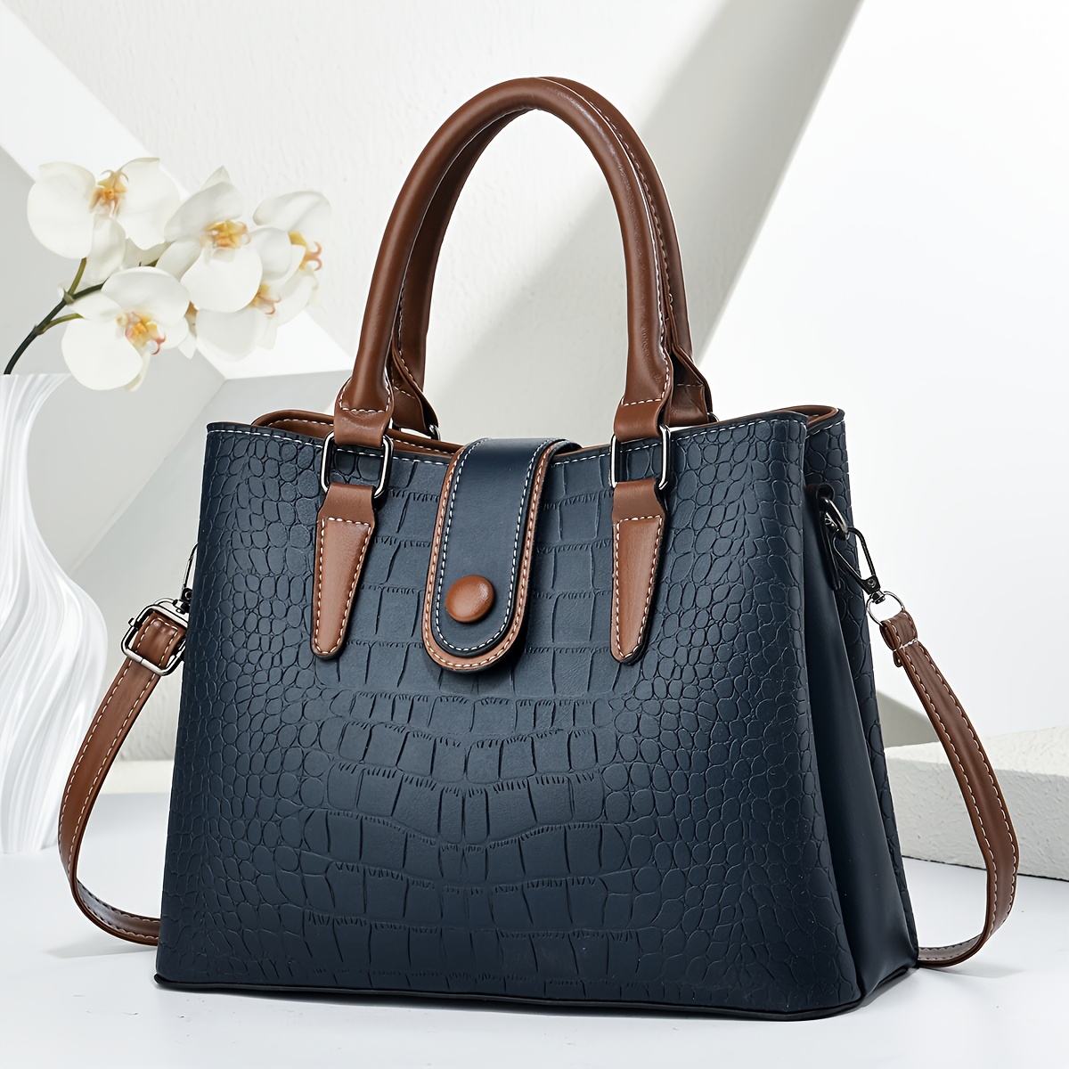 TEMU Women's Shoulder Bag Vintage Crocodile Embossed Tote Bag For Women, Retro Color Block Large Capacity Commuter Shoulder Crossbody Handbag With