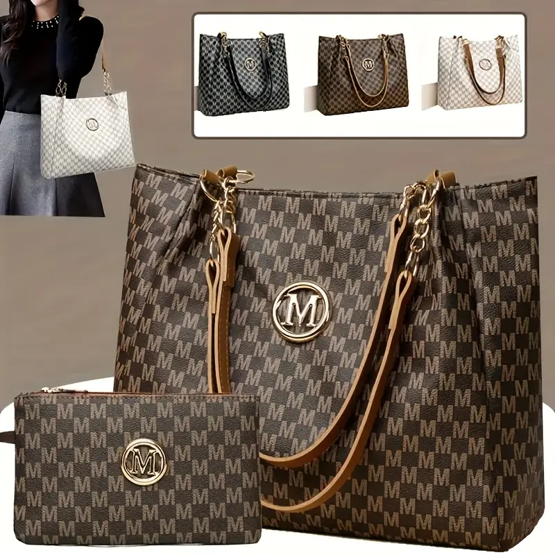 2pcs womens vintage shoulder bag set large capacity tote bag with fixed shoulder strap synthetic zipper closure polyester lining lightweight random print design daily commuting and carrying cell phones details 1