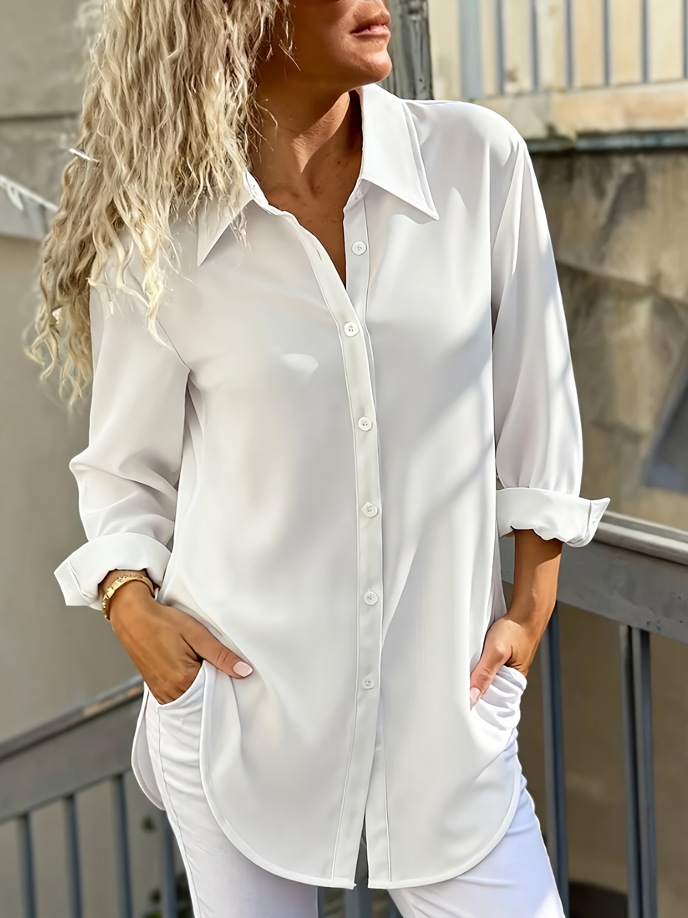 womens solid color   long sleeve shirt classic white fashionable elegant versatile style long sleeve button shirt dust heart  
