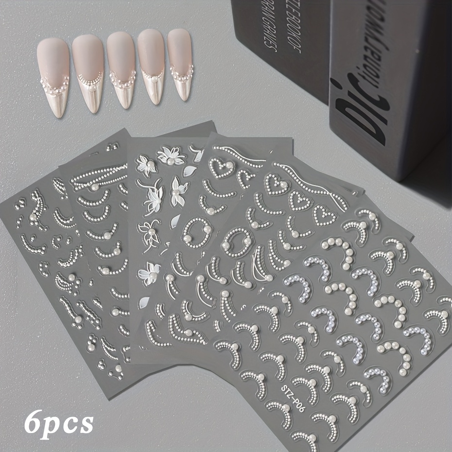 Image of 6pcs White 5d Jewelry Nail Art Stickers, Elegant Wave Lines Nail Decoration Decals Y2k-style Self Adhesive Manicure Accessories Supplies
