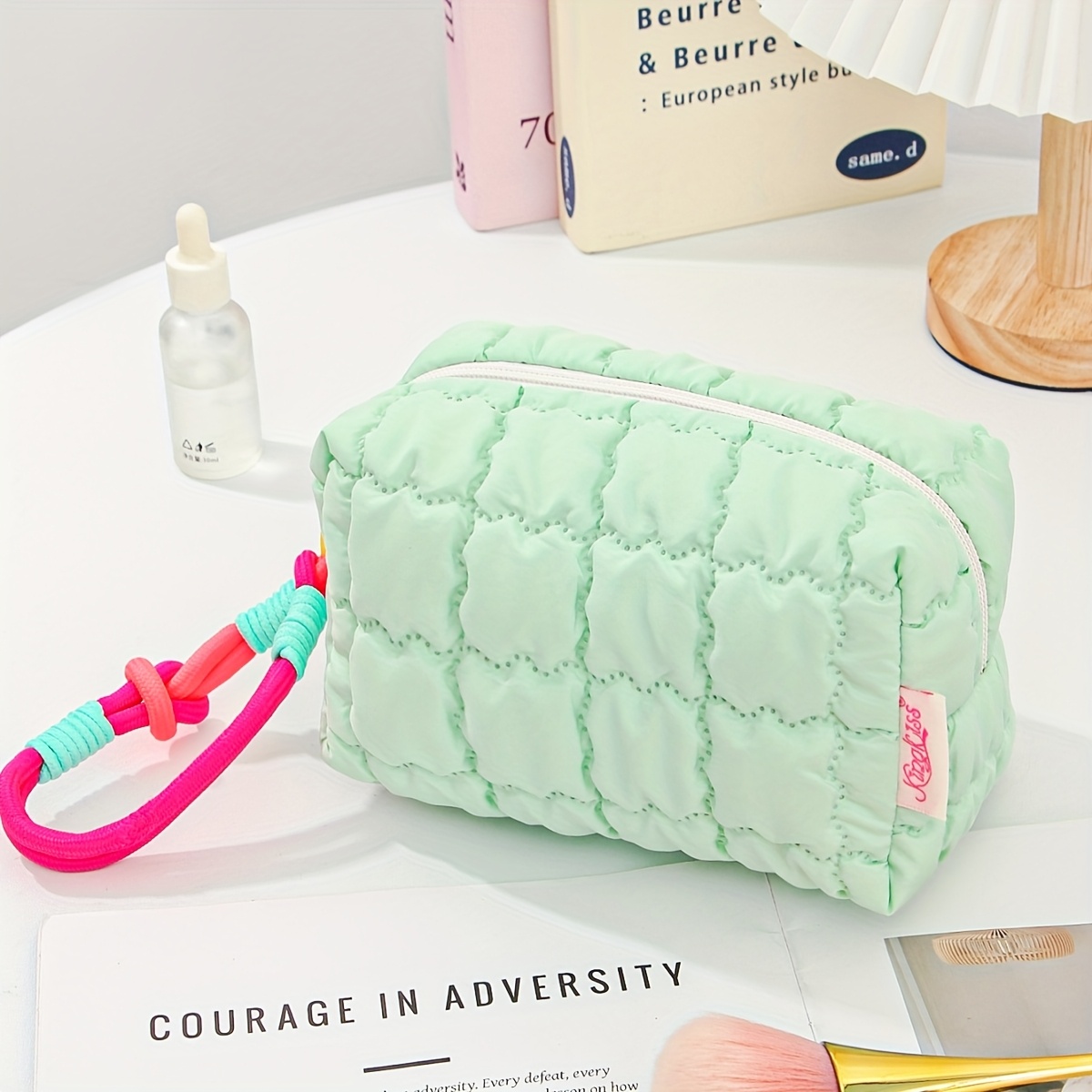 E-shop Steppte, karierte Kosmetiktasche der Macaron-Farben-Serie – Faltbarer Reise-Kosmetik-Organizer mit großem Fassungsvermögen gewebten Griffen,