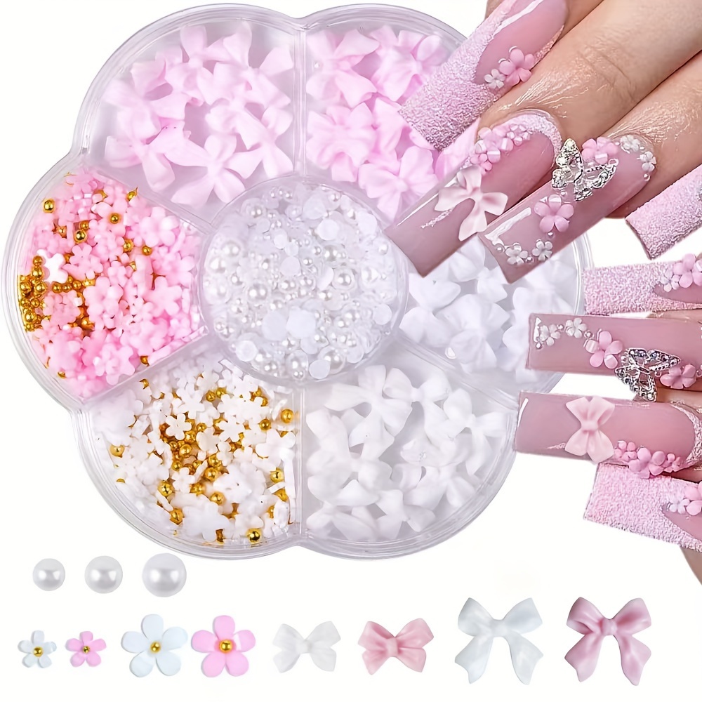 

Creative, 7-compartment Box With Bow, Flower & Pearl Nail Art Charms - Diy & Crafts, Nail Charms And Accessories