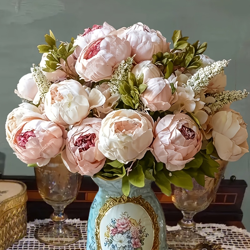 

A Bouquet Of Vintage Artificial Peonies, Home Interior Decoration, Room Embellishment With Flowers, And Bridal Hand-held Bouquets.