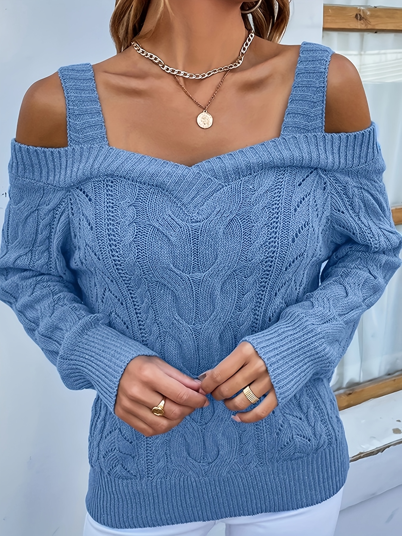 Women's Off-Shoulder Boat Neck Long Sleeve Cable Sweater Solid Color  Elegant Pullover for Spring Fall, Versatile Casual to Formal Wear,