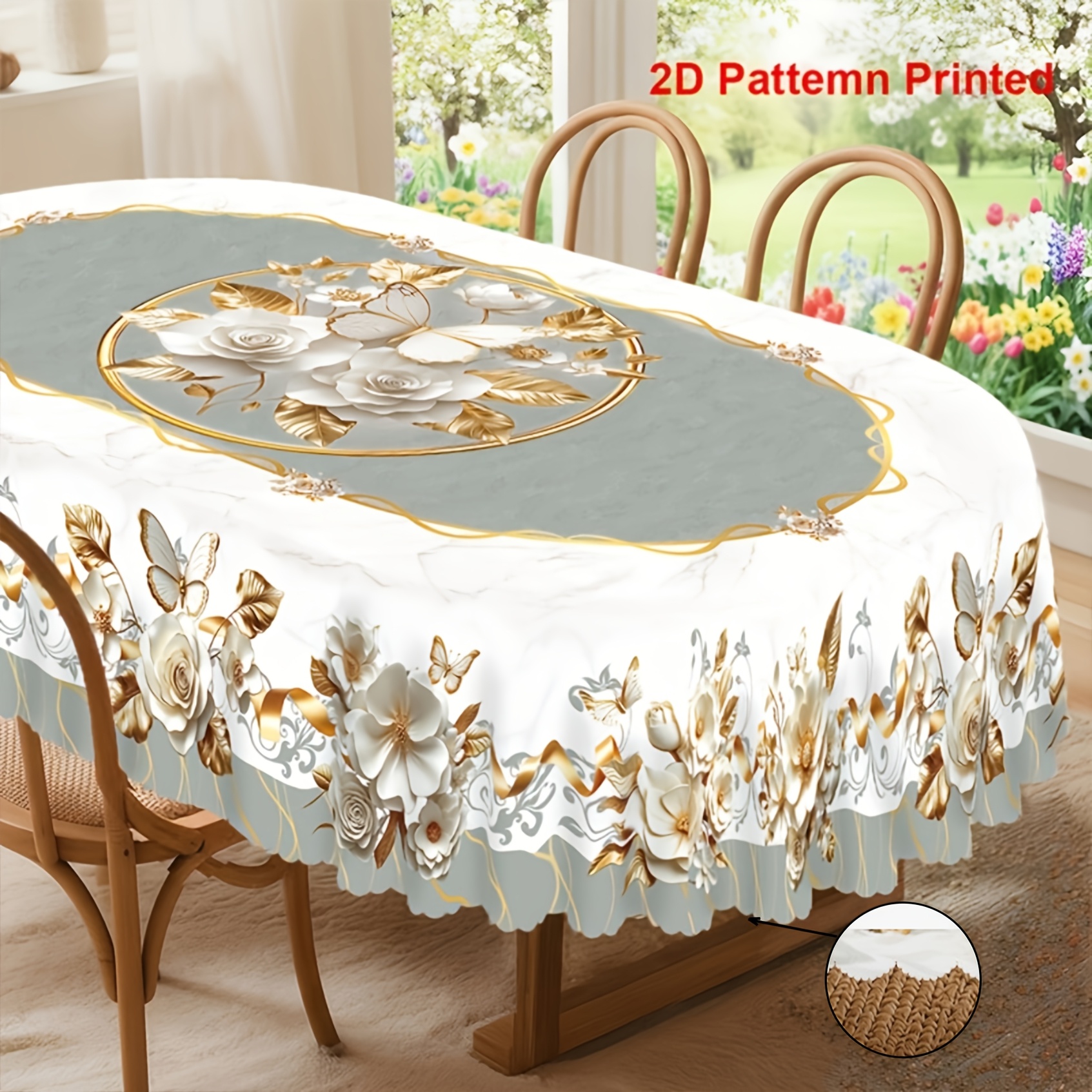 TEMU 1pc Tablecover 2d Flat Spring-summer Themed Party Tablecloth, Featuring A Luxurious And Rose Floral Print Pattern, Available In Rectangular,