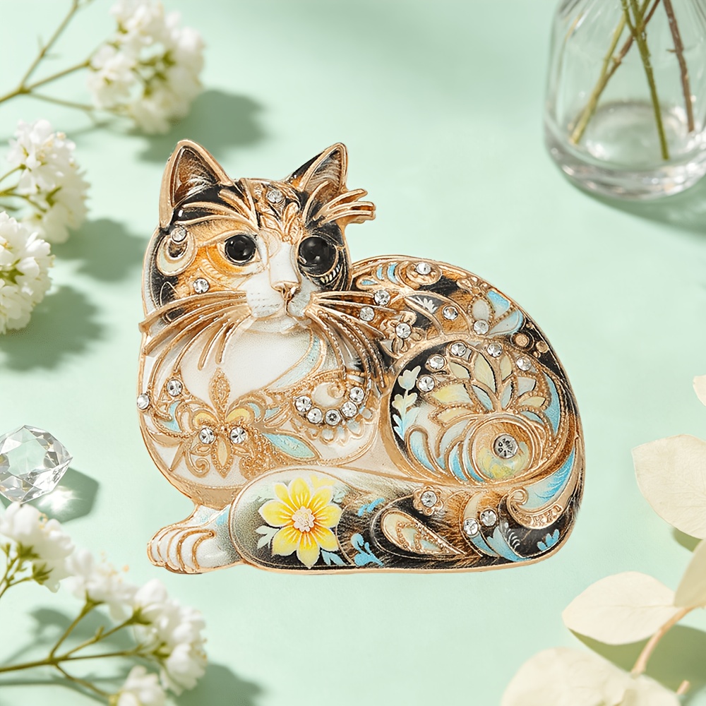 TEMU Vintage Floral Cat Enamel Brooch, Inlaid Rhinestone Cat Pin, Cute Fashion Accessory Gift For Cat Lovers