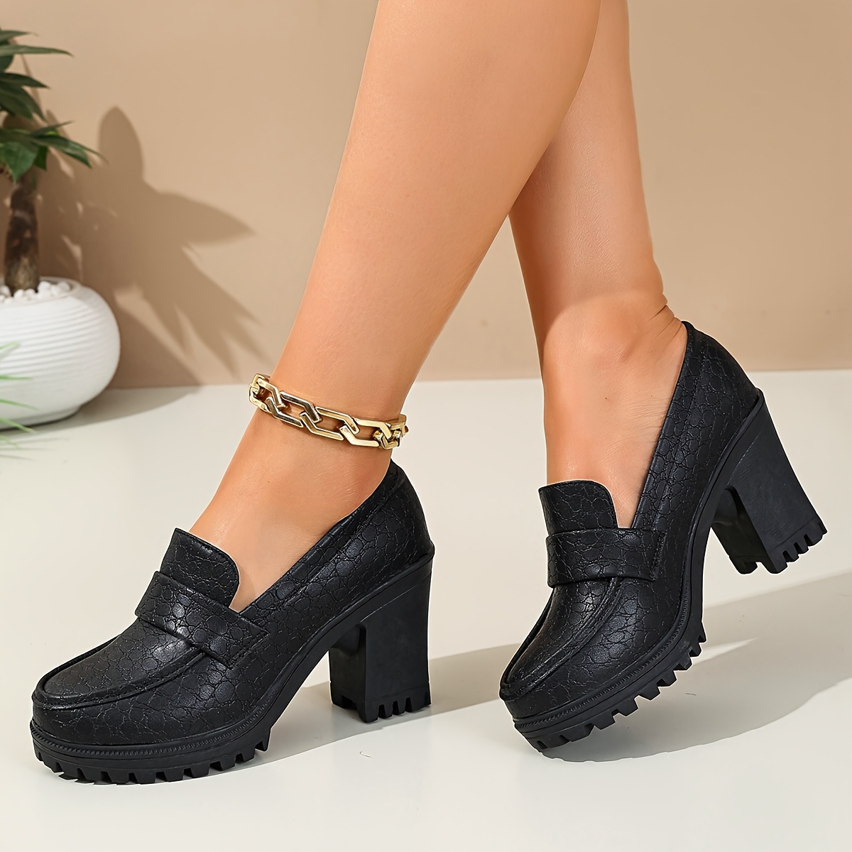 TEMU Patent Chunky Heel Loafers, British Style Commuter Women' Shoes, Women Shoes Halloween Shoes