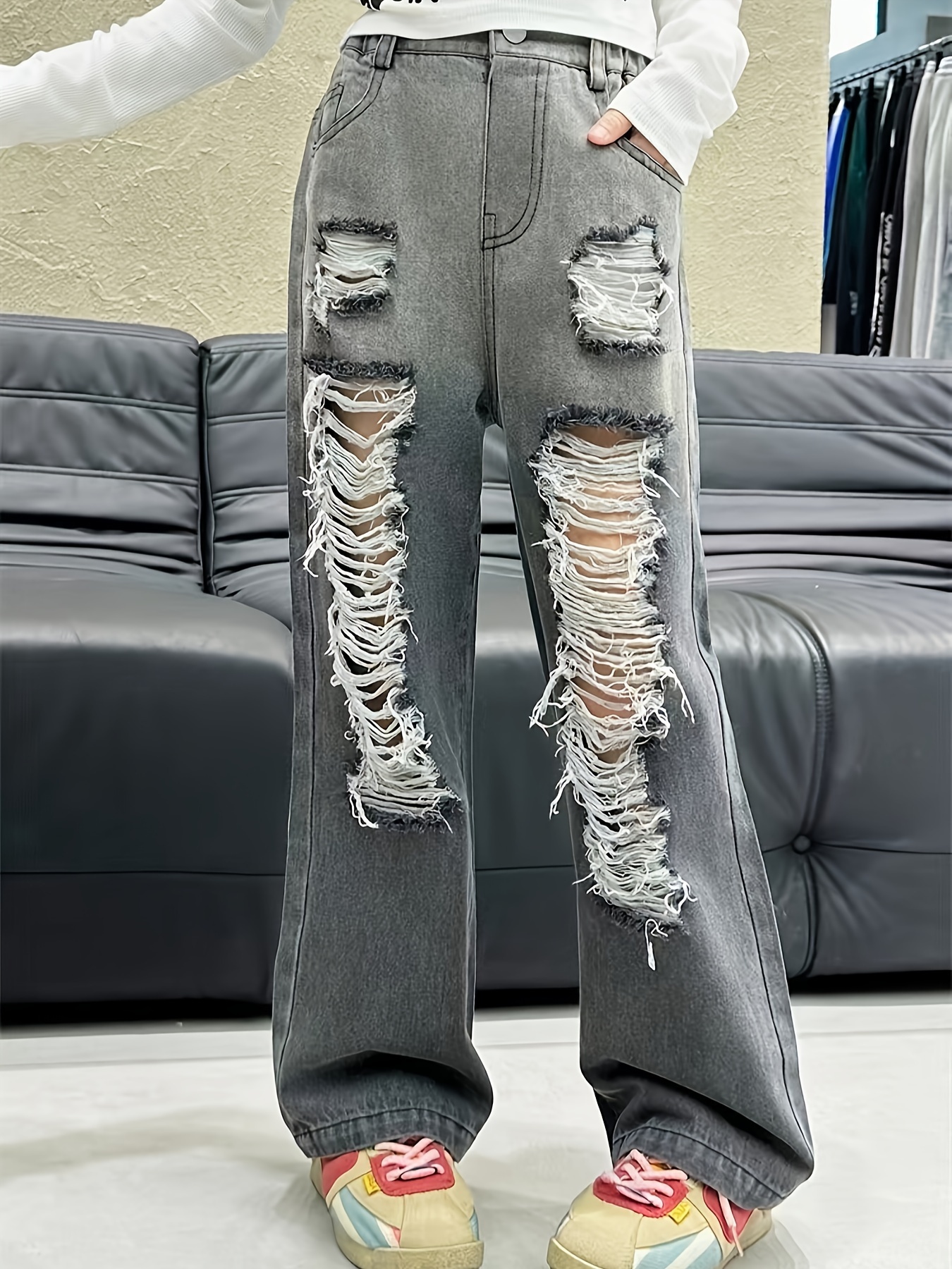 Vintage Girls Loose Long Denim Jeans Pocket match Casual - Temu