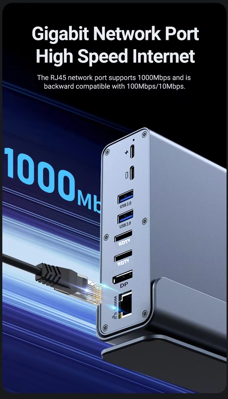 Triple Display Video Docking Station 15-in-1, MST Port, HD 4K 60Hz, DP 3-Screen Extension, USB 3.2 10G, USB C 15-in-1 Hub, SD, TF, Audio, Gigabit Ethernet