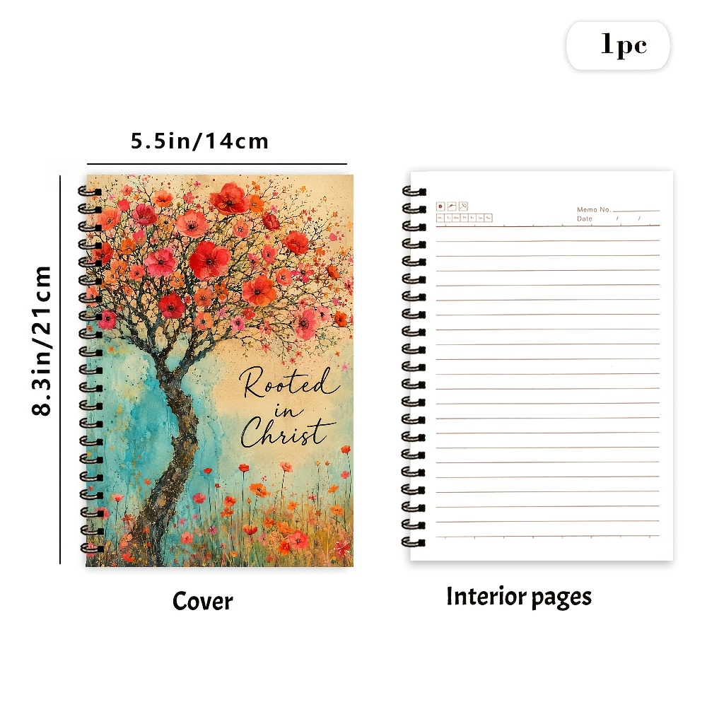 TEMU 1pc A5 In Christ Watercolor Flower Tree Spiral Notebook, 50 Pages/25 Sheets, Green Background And Elegant Faith Quote Journal For Inspiration
