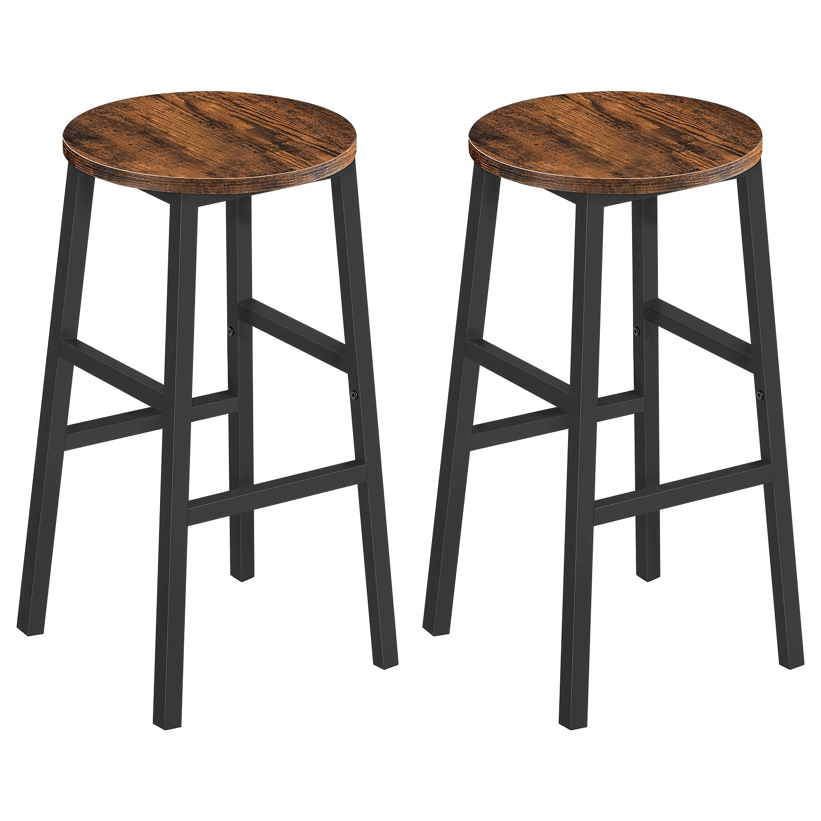 Set Of 2 Industrial Bar Stools, 28 Inch Round Counter Chairs With Footrest, For Kitchen