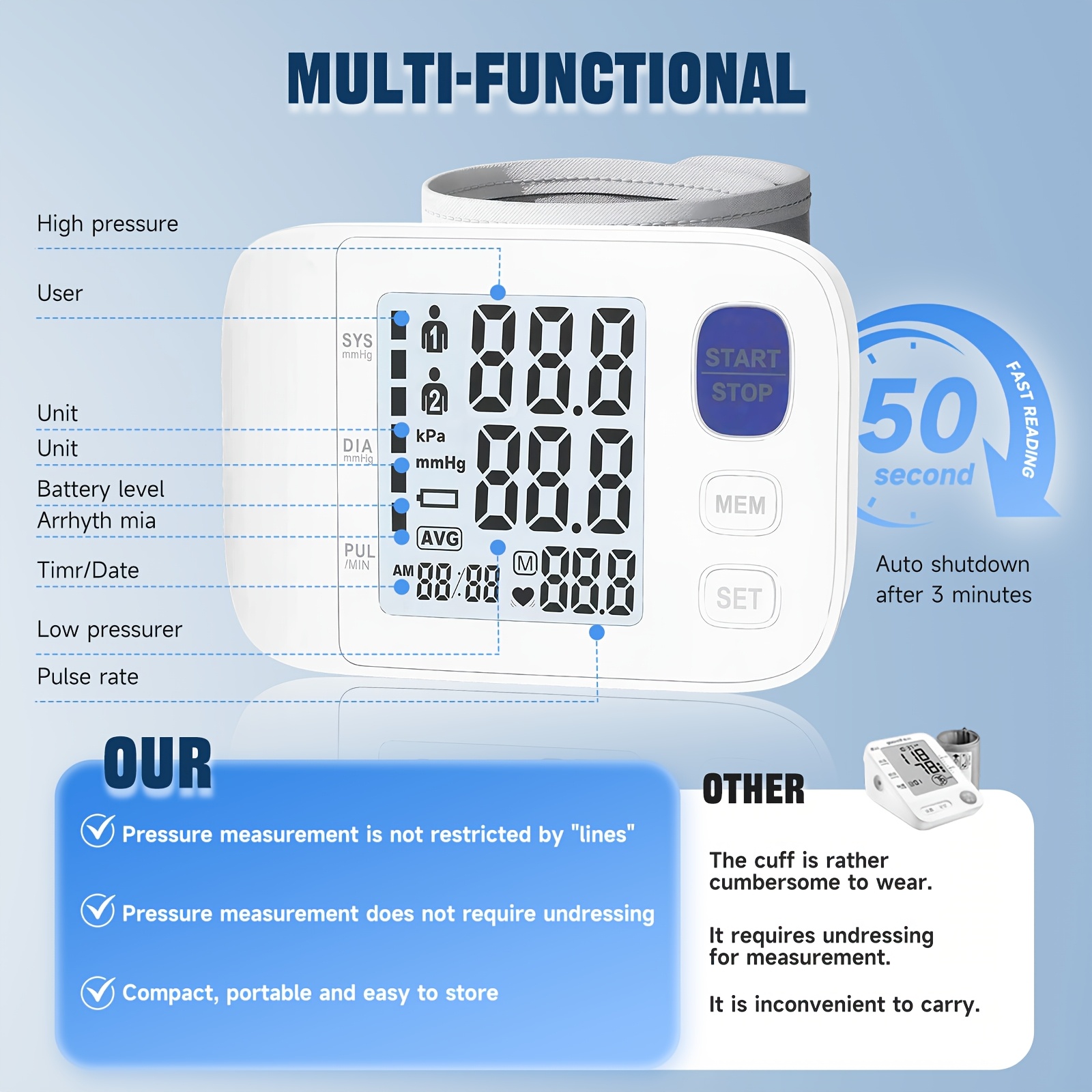 Wrist-type Blood Pressure Monitor, One-touch Measurement, Large LCD Display, Voice Prompts, Dual-user Memory, Lightweight And Portable, Specially Designed For Middle-aged And Elderly Users, Includes Cuff, Storage Pouch And Batteries.