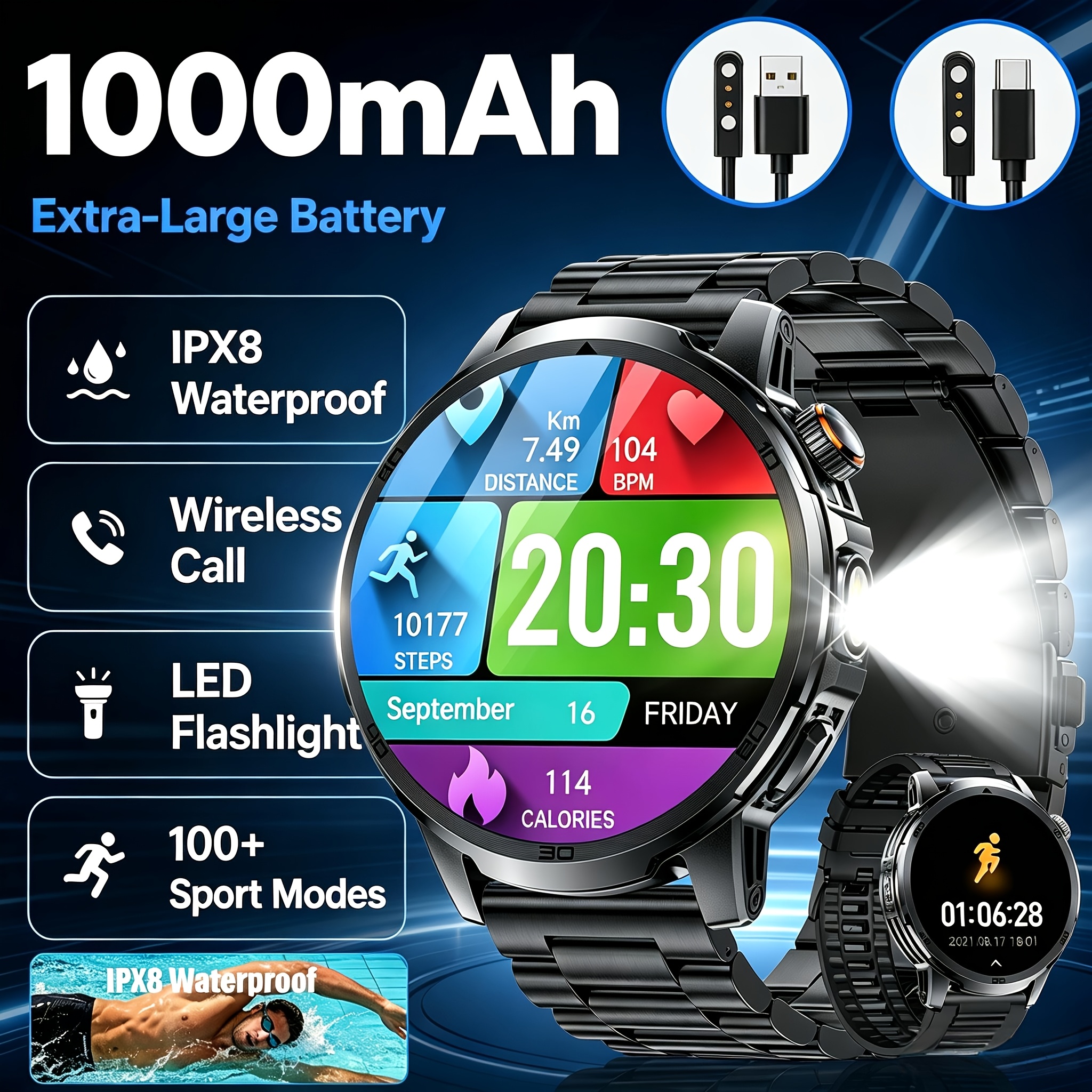 Image of Watch For Iphone With Led Flashlight 1000mah Battery Men's Watch Wireless Calls Ipx8 Waterproof 100 Watch