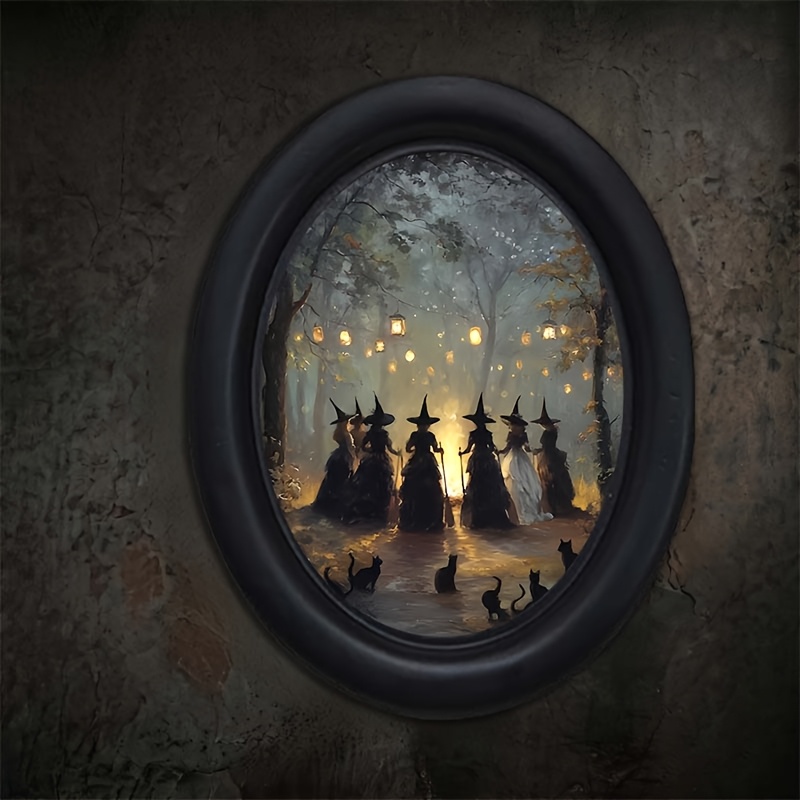 TEMU 1pc Gothic Vintage Black Cat And Witch Picture Frame Wall Decor - Vertical Oval Hanging Picture Frame, Suitable For Bedrooms, Gothic Wall Art,