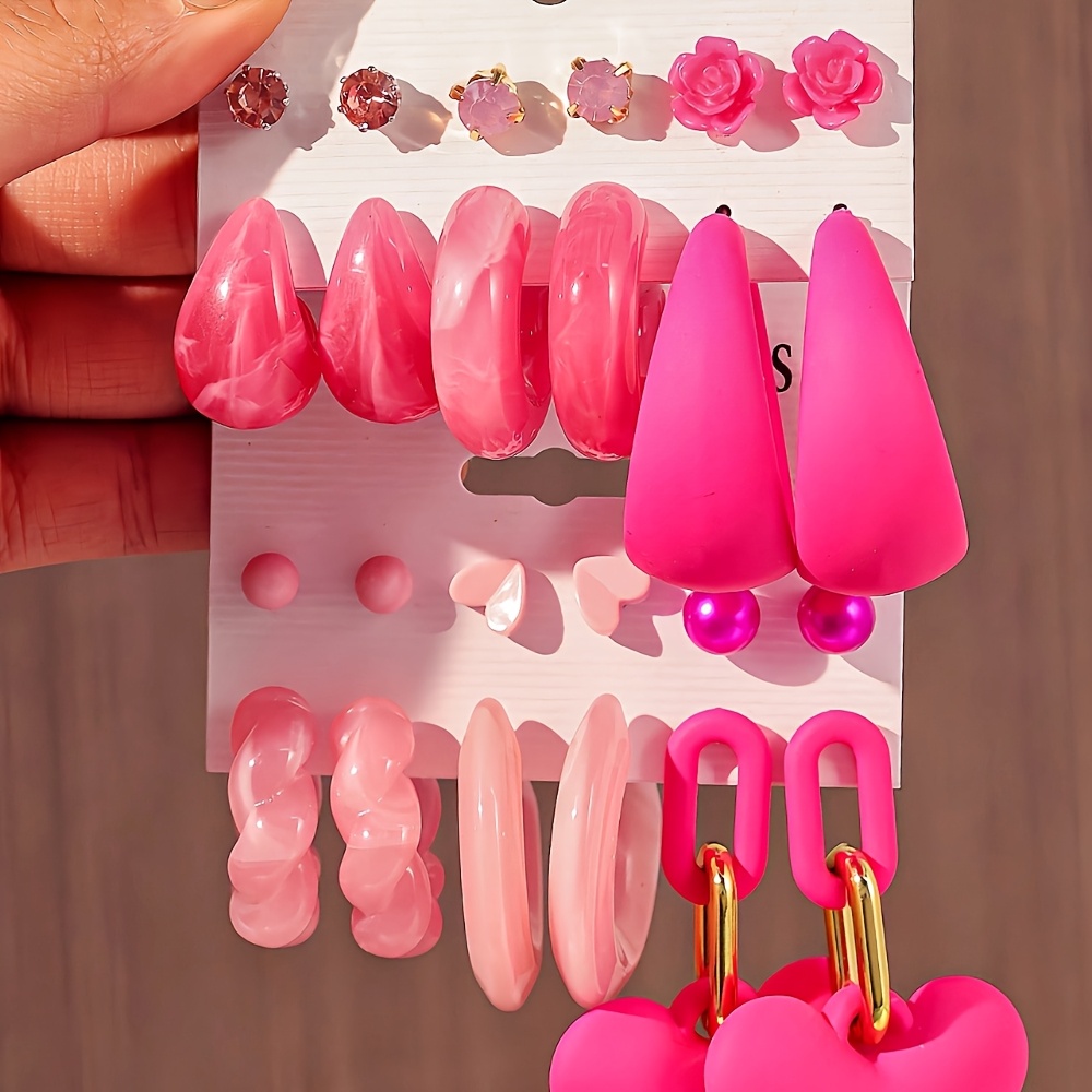 TEMU 6-12 Pairs Of Acrylic Resin Pink Teardrop Stud Earrings Mini Ear Piercing Set, Women's Casual Daily Accessories