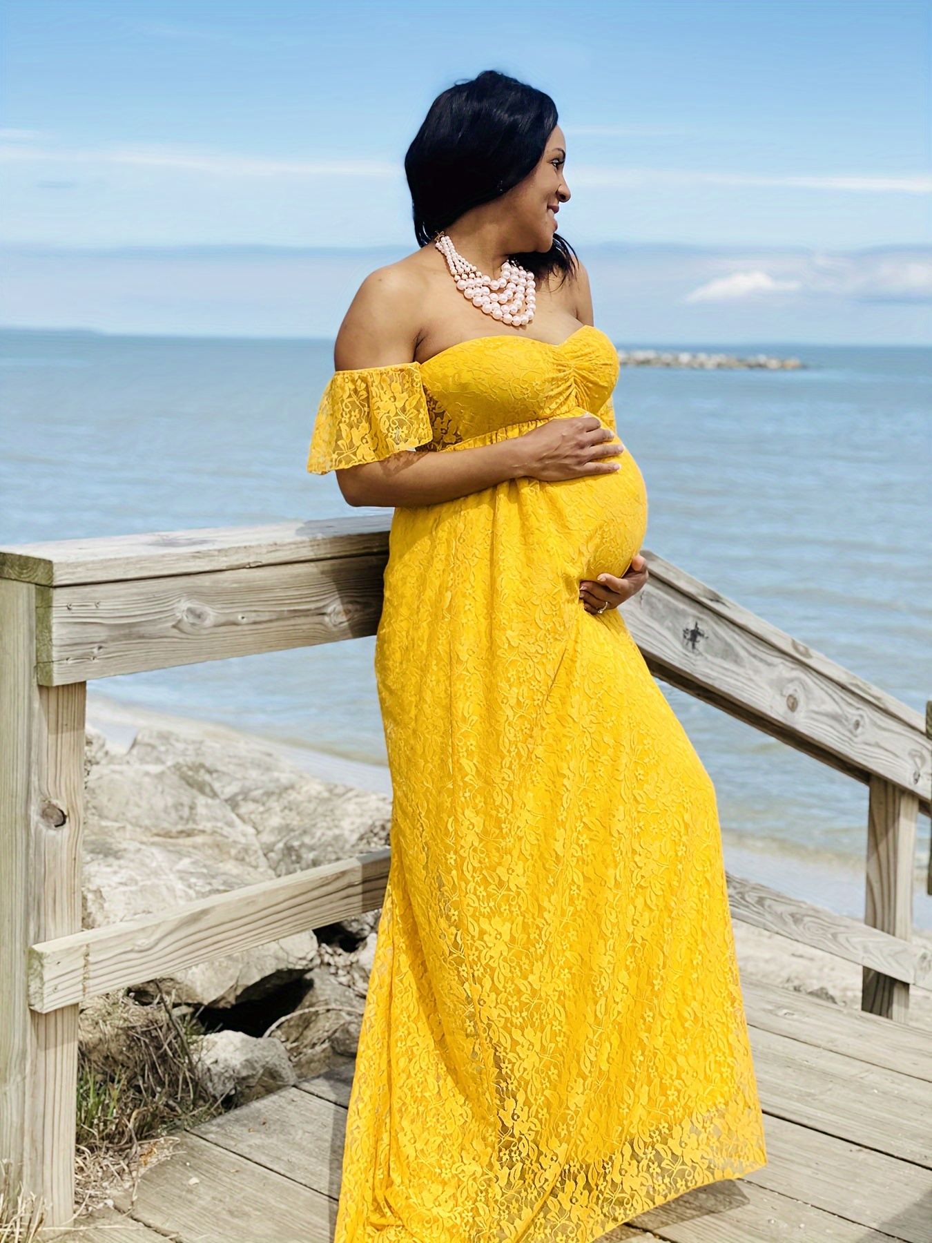 chinese dress ladies PinkBlush Mustard Lace Mesh Overlay Maternity Maxi Dress main image 0