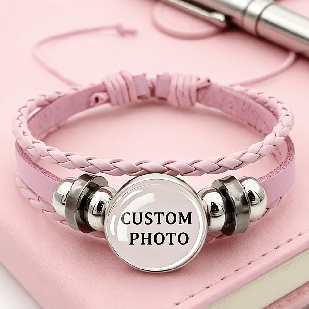 Photo Customization Pink Slide Bracelet, Vintage Glass PU Leather