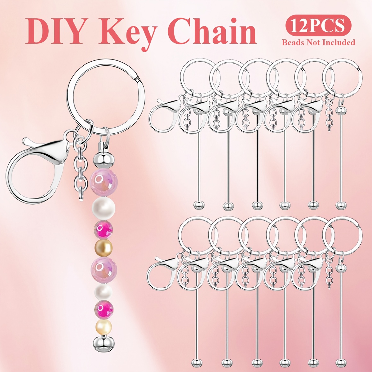 12pcs Stainless Steel Beadable Keychain Blanks Kit with Rose Gold and Silver Charms for Crafting