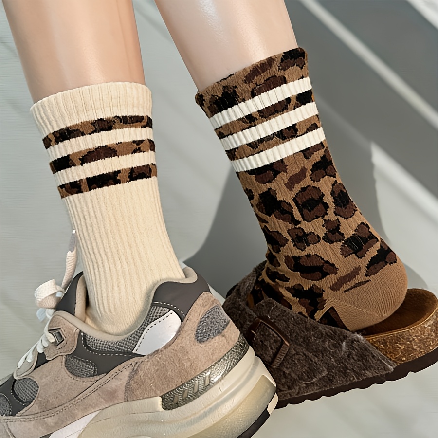 TEMU 2/4-pair Women's Leopard Print Ankle Socks - Thin Breathable Spring Summer Suitable For Daily Wear, Striped & Leopard Pattern Stretchy Athletic