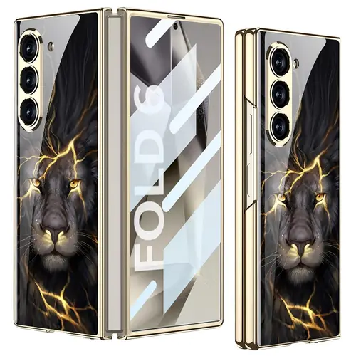 for galaxy z fold 6 mobile phone case with hd protective film fashionable lion pattern glass rear shell protective case full coverage electroplated frame hard shell protective case