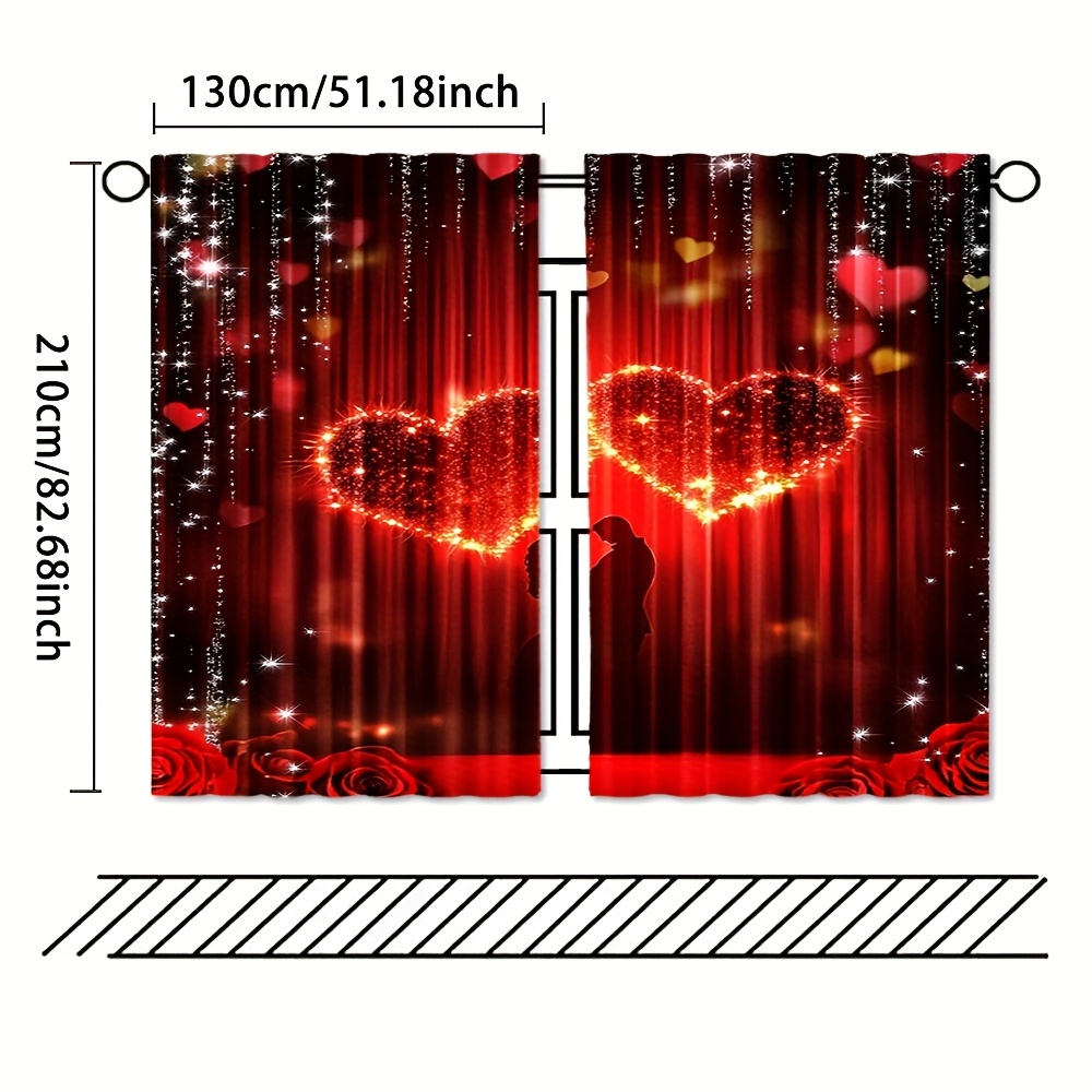 TEMU Ensemble de 2 rideaux en polyester à motif de roses rouges et de cœurs pour la Saint-Valentin, lavables en machine, design vintage, adaptés , à