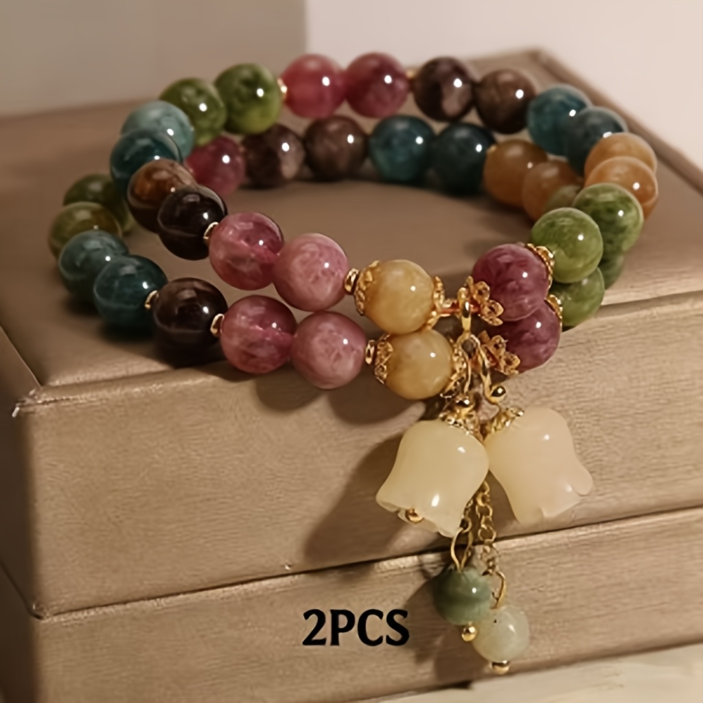 TEMU 2pcs Set Of Colorful Faux Stone Bracelets With Flower Charms, Ethnic Style Bracelets, Perfect Gift For Girlfriend Or Best Friend, Suitable For