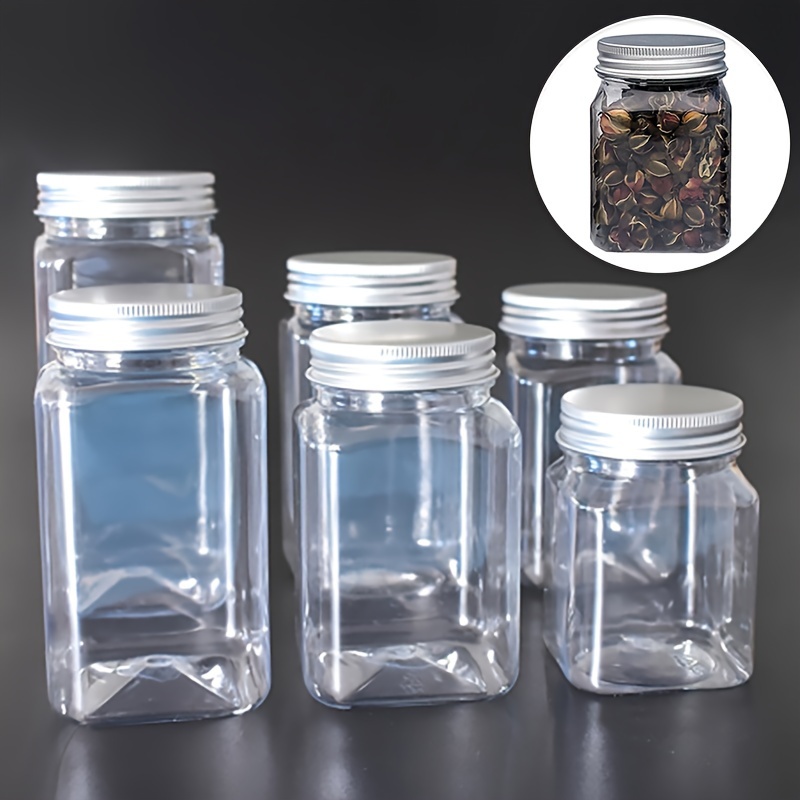 

1pc Plastic Bottle With Aluminum Lid, Square Transparent Food Snack Sealed Jar With Screw Cap, Food Jars & Canisters, Kitchen Supplies