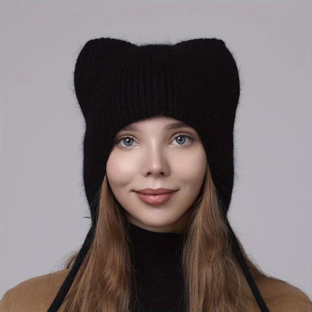 TEMU 1pc, 3d Cat Ear Shaped Ear Women's Pullover Hat, Sequined Decoration, Wool Content Winter Warm Cute Hat, Suitable For Christmas, New Year Party