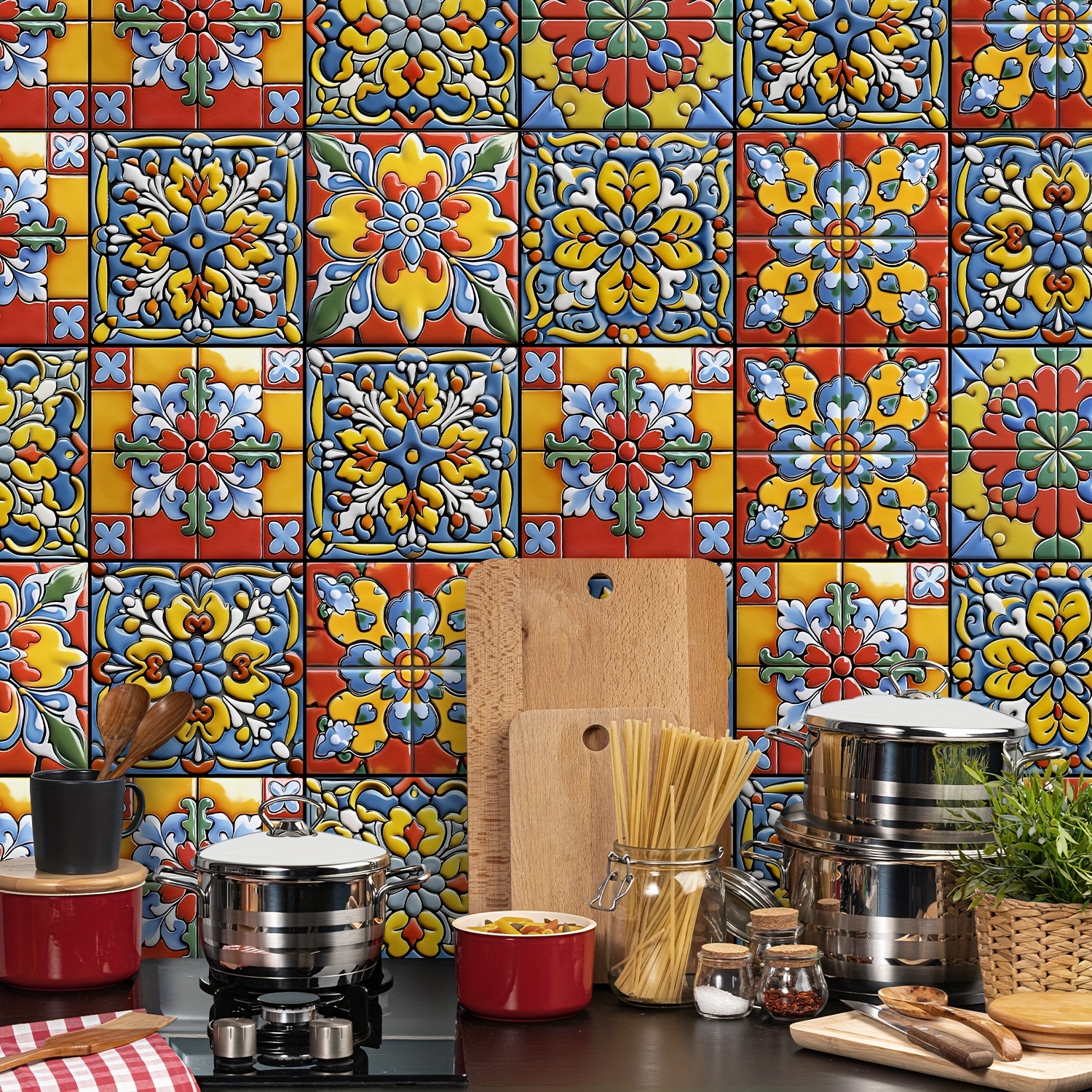 

24pcs Vibrant Mexican Ceramic Tile Wallpaper - , Removable Self-adhesive For Living Room, Bedroom, Home Decor