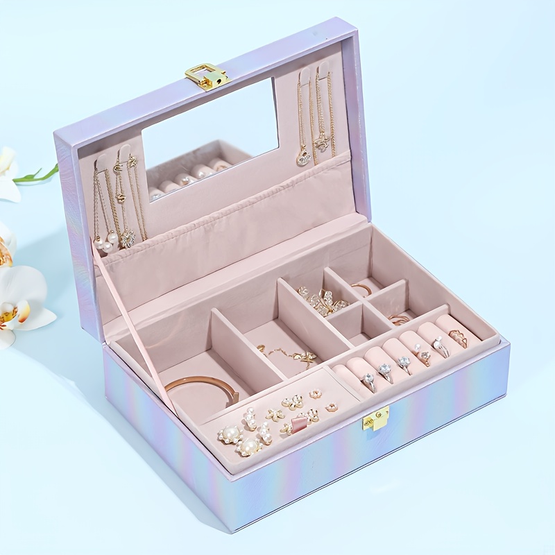 1pc holographic portable jewelry organizer box with   multiple compartments soft   leather lining   leather iridescent   secure snap closure for earrings necklaces rings watches travel friendly storage case accessory organization contemporary design Product details 6