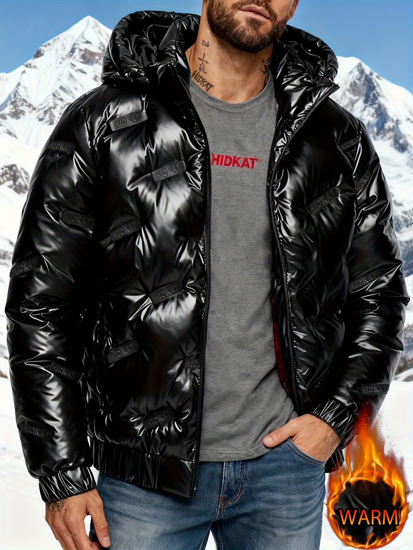 mens   casual solid color glossy print warm hooded jacket with elastic cuffs suitable for outdoor sports and daily wear
