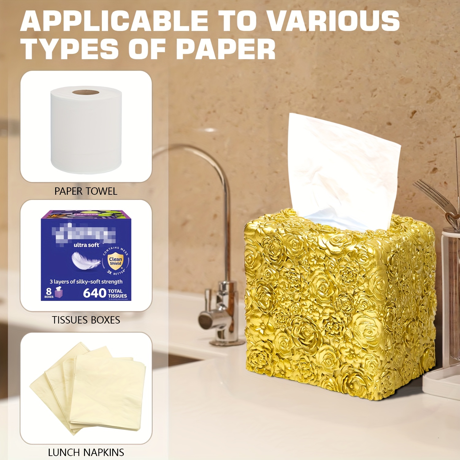 1pc elegant tissue box cover decorative square tissue box holder durable resin construction space saving   room bathroom kitchen vanity   decor in neutral colors compatible with standard tissues ideal housewarming or wedding gift Product details 3