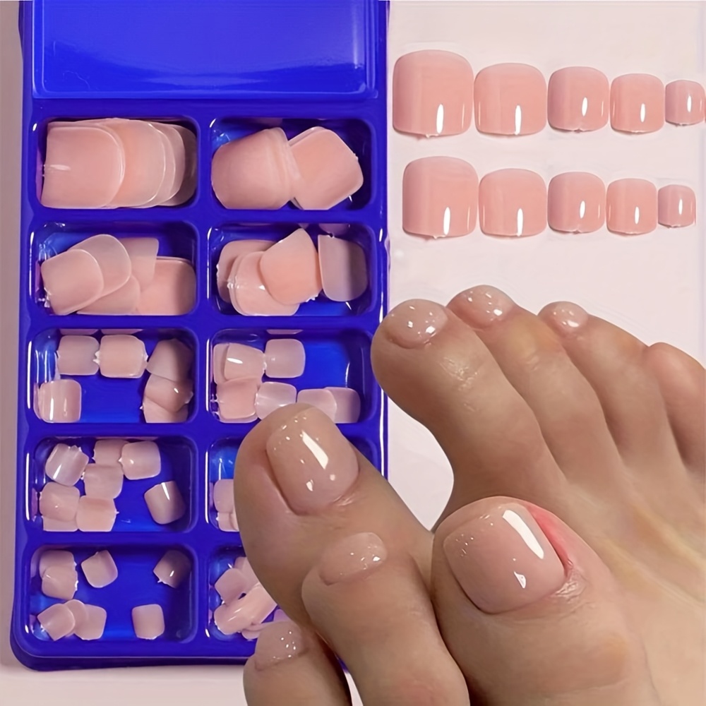 100pcs Short Square Press On Toenails - Pink Acrylic Full Cover Artificial French Tips With Glossy Finish, Diy & Salon Use, Easy Application For Women, Nail Care, Highquality Pressons