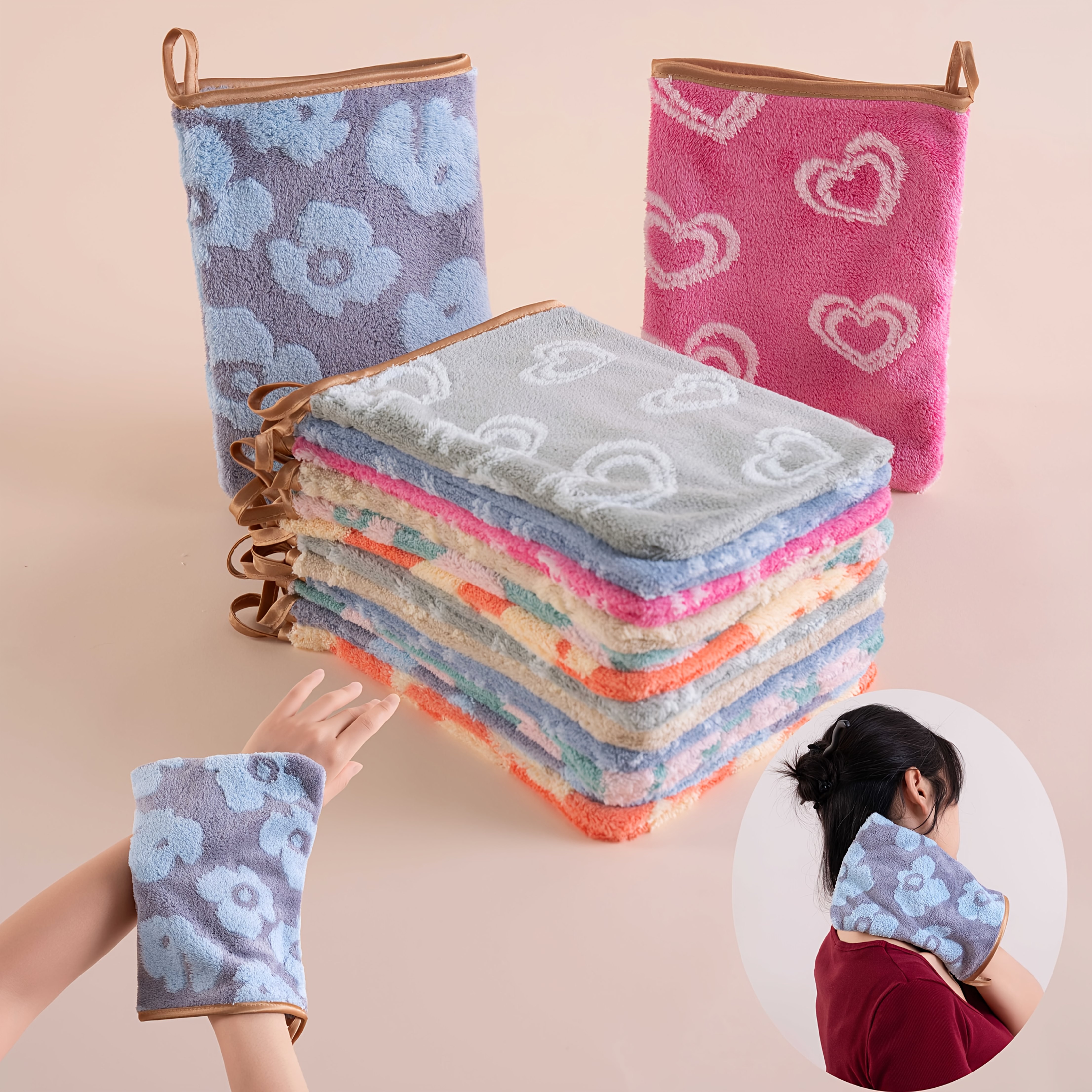 9pcs QIBHI Microfiber Facial Cleaning Gloves - Makeup Remover and Reusable Towels, Soft Coral Fleece, 22.0x16.0 cm, Floral and Vibrant Heart Patterns, Machine Washable for Skin Care and Bathroom Use, Skin Care Accessory, Fun Design, Durable Fabric