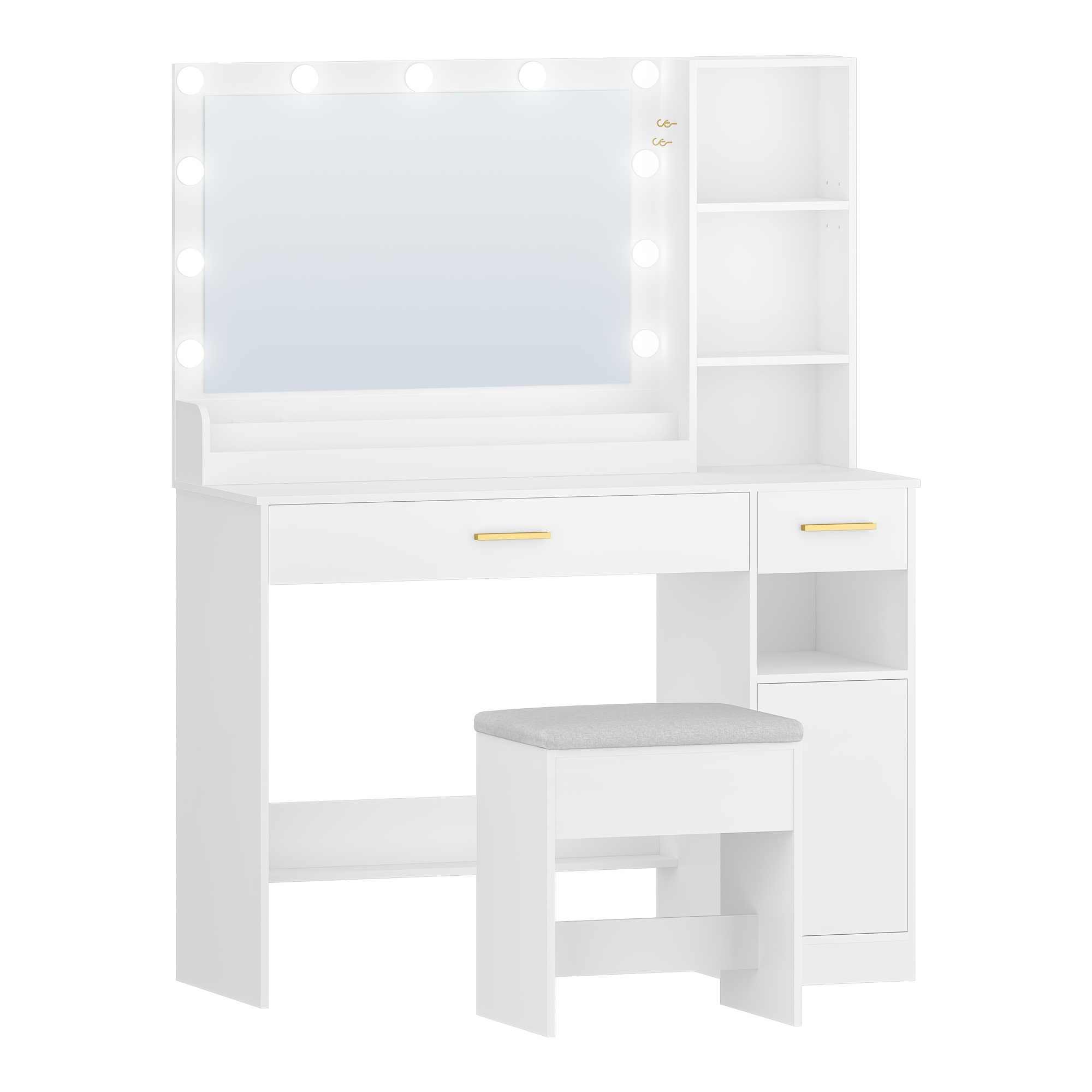 Vanity Set Featuring A Stool, A Spacious Mirror, A Table With 2 Drawers, 4 Open Sections, And A Cupboard, Suitable For A Bedroom Or Dressing Area, In